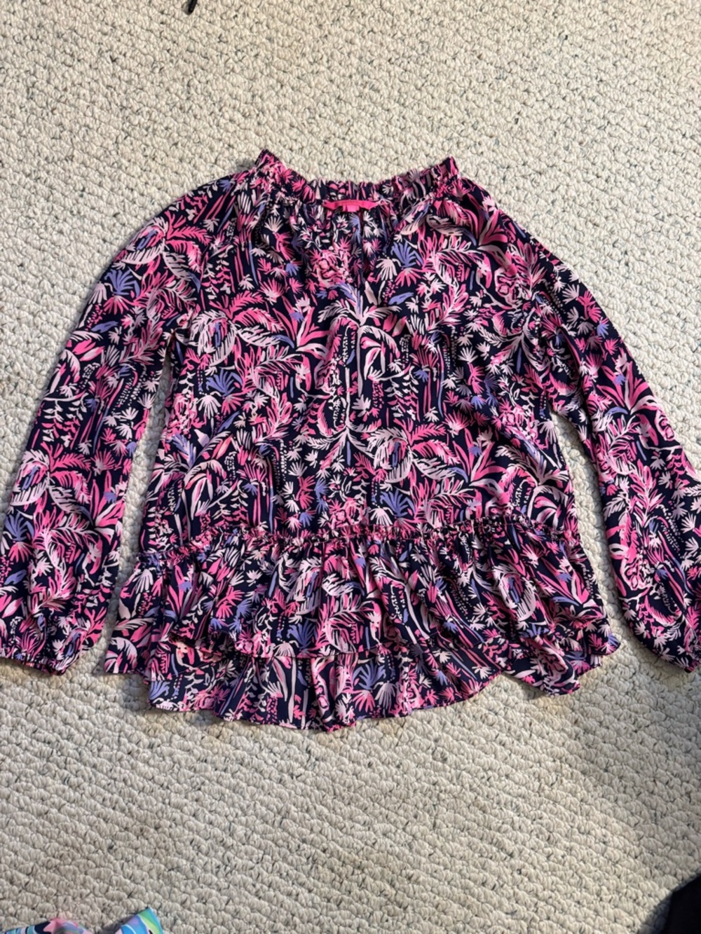 Lilly Pulitzer Navy and Hot Pink Floral Peplum Blouse